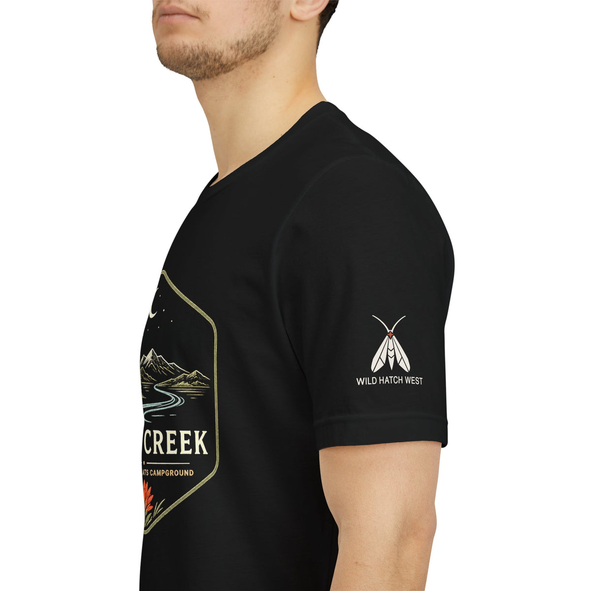 Rock Creek Camping T-Shirt — Mountain River Night Badge Tee