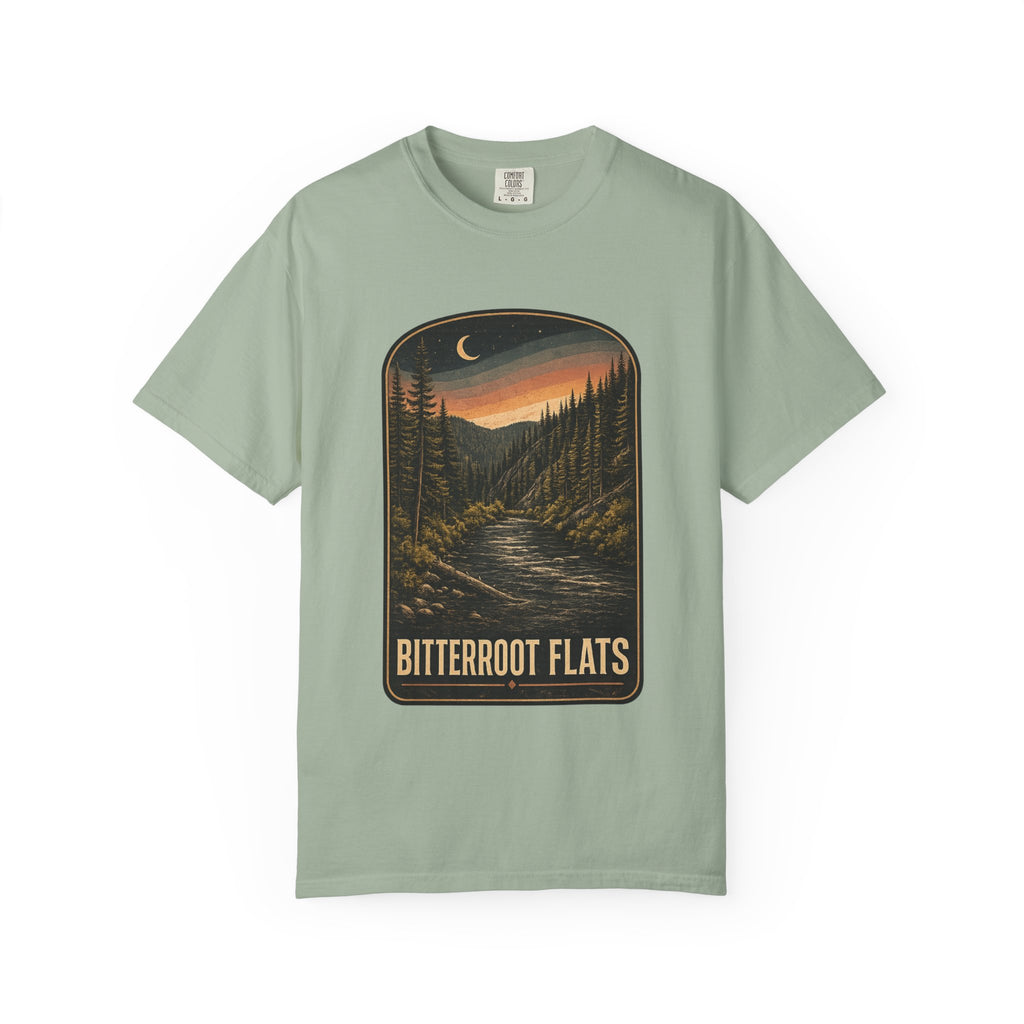 Bitterroot Flats Scenic Tee — Moonlit Mountain River Landscape T-Shirt
