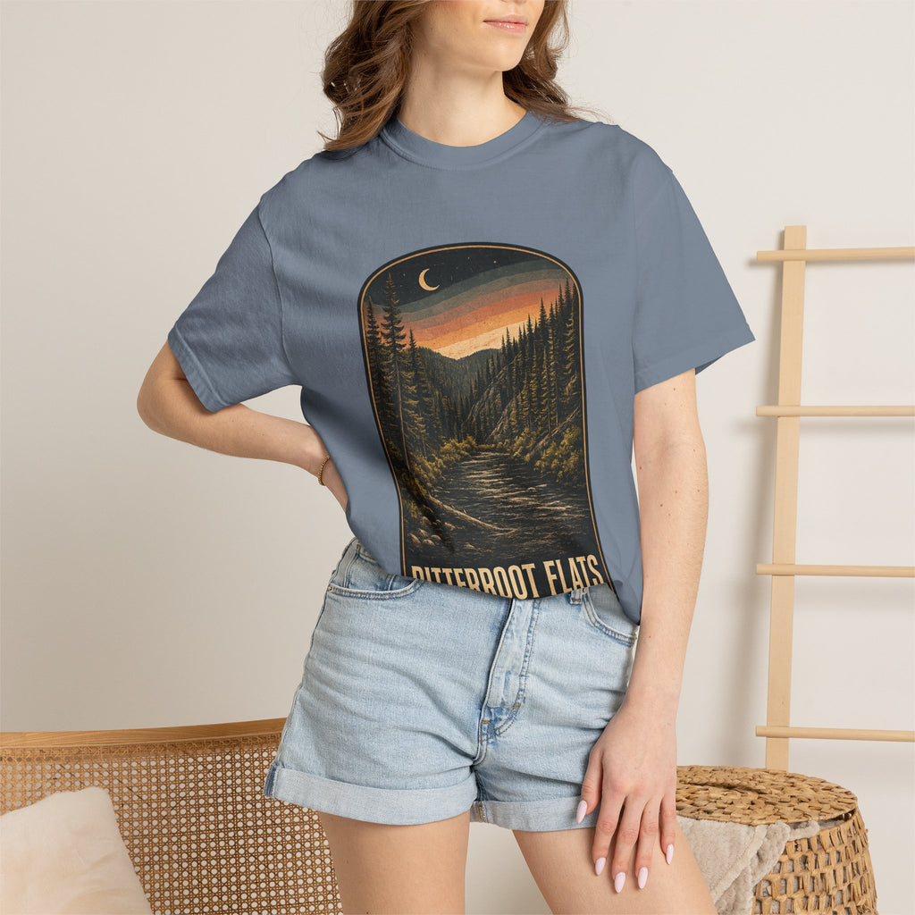 Bitterroot Flats Scenic Tee — Moonlit Mountain River Landscape T-Shirt