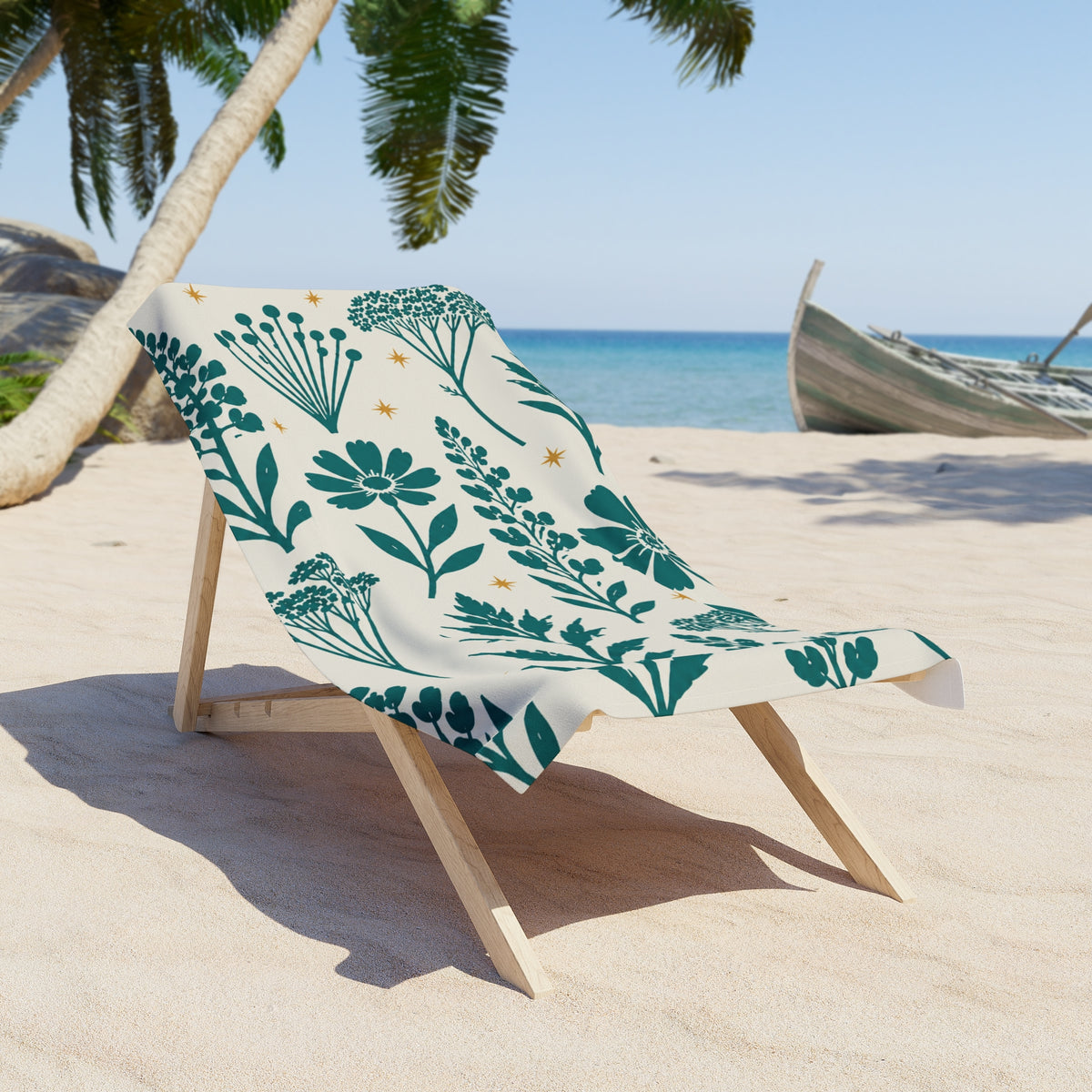 Floral Breeze Beach Towel — Teal Botanical Print with Gold Stars