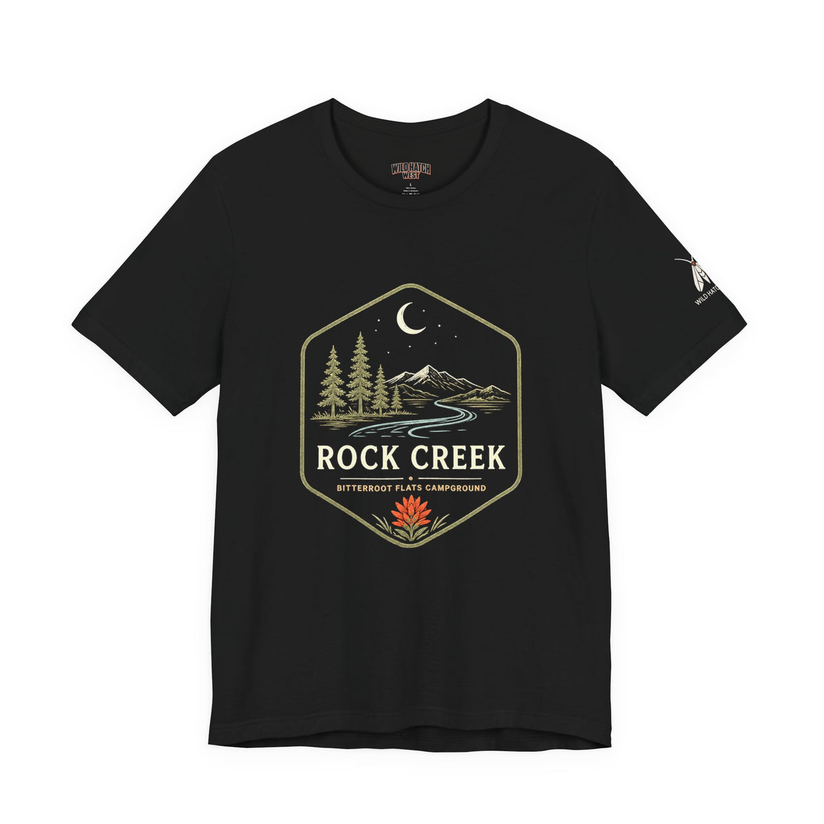 Rock Creek Camping T-Shirt — Mountain River Night Badge Tee