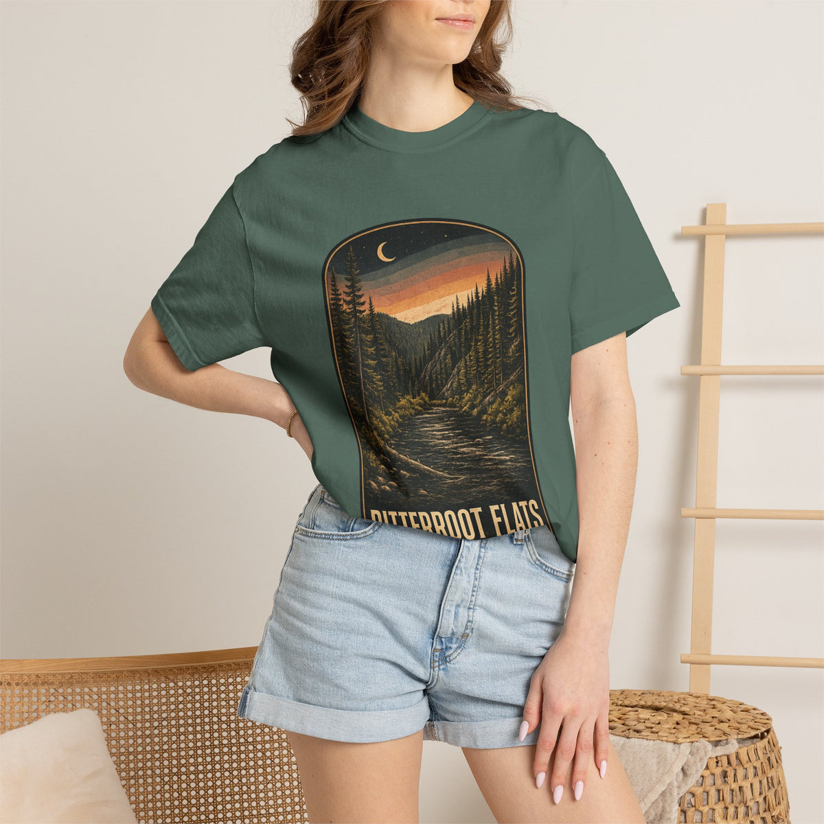 Bitterroot Flats Scenic Tee — Moonlit Mountain River Landscape T-Shirt