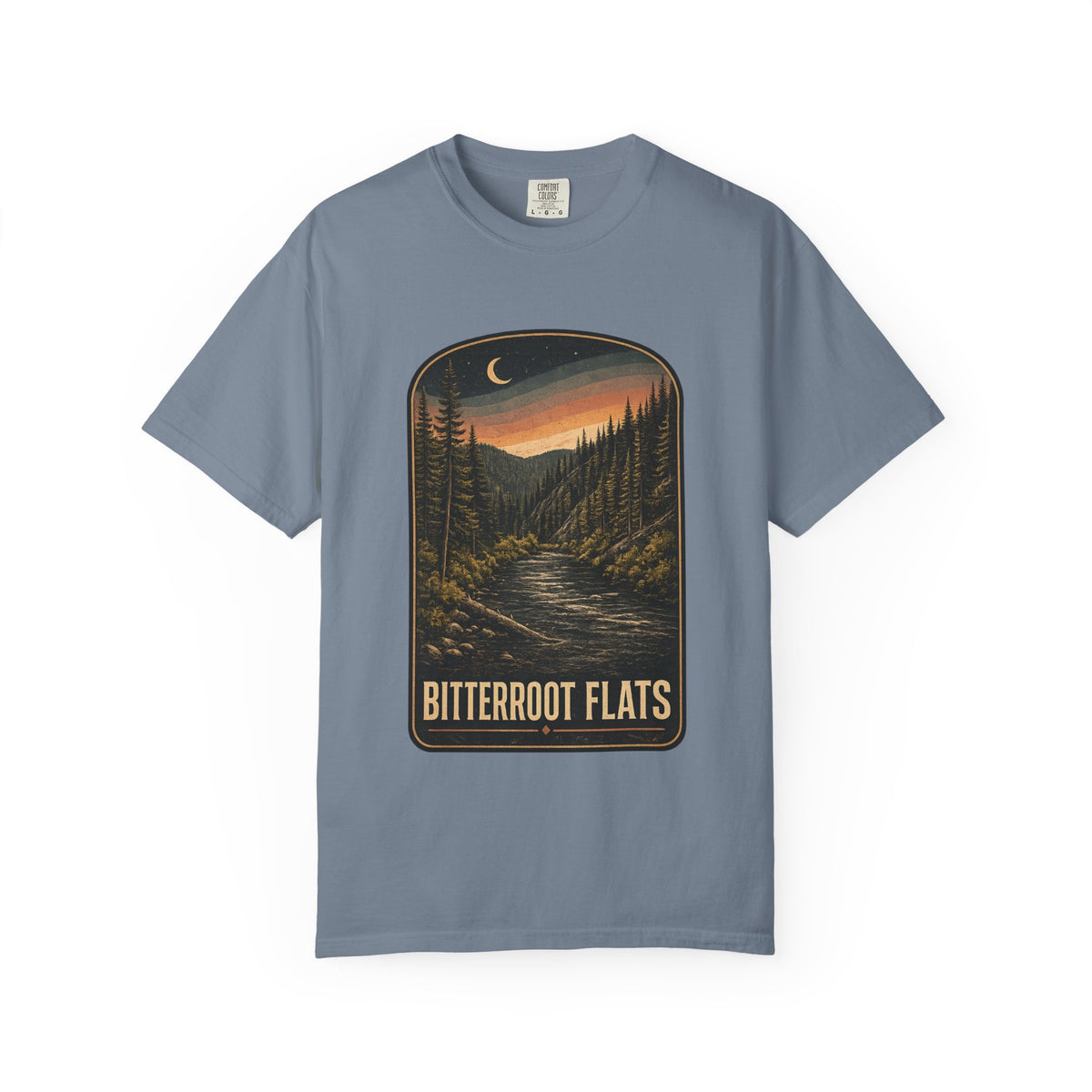 Bitterroot Flats Scenic Tee — Moonlit Mountain River Landscape T-Shirt