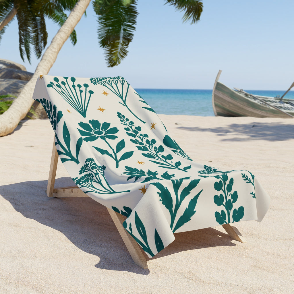 Floral Breeze Beach Towel — Teal Botanical Print with Gold Stars