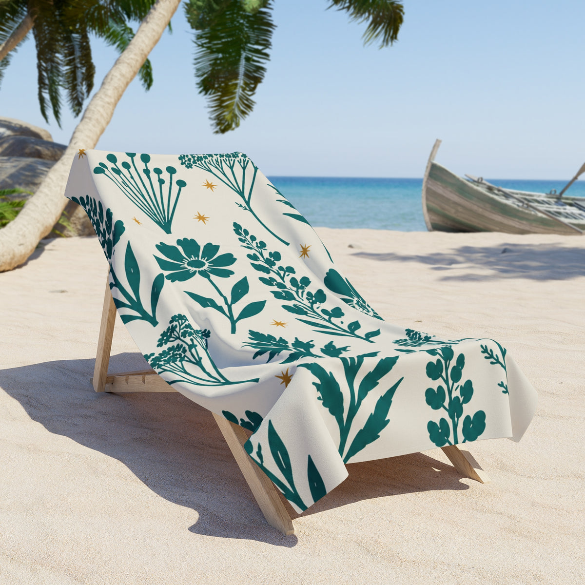 Floral Breeze Beach Towel — Teal Botanical Print with Gold Stars