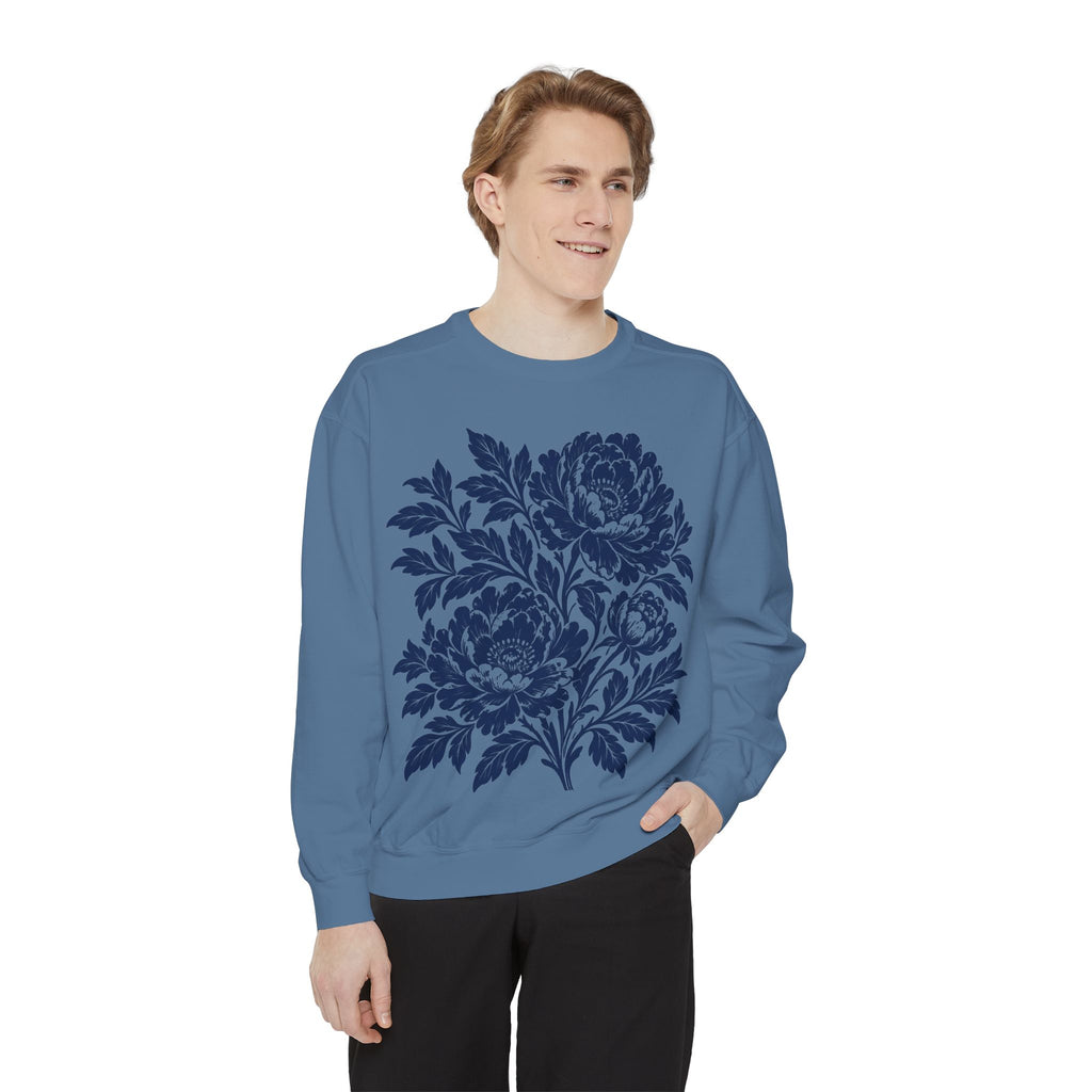 Floral Vintage Peony Sweatshirt, Green, Blue and Crimson