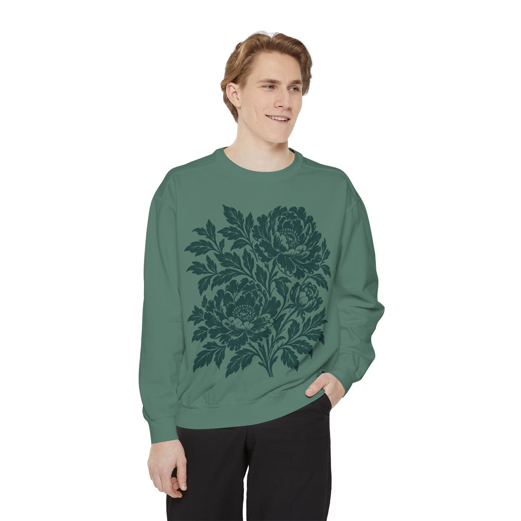 Floral Vintage Peony Sweatshirt, Green, Blue and Crimson