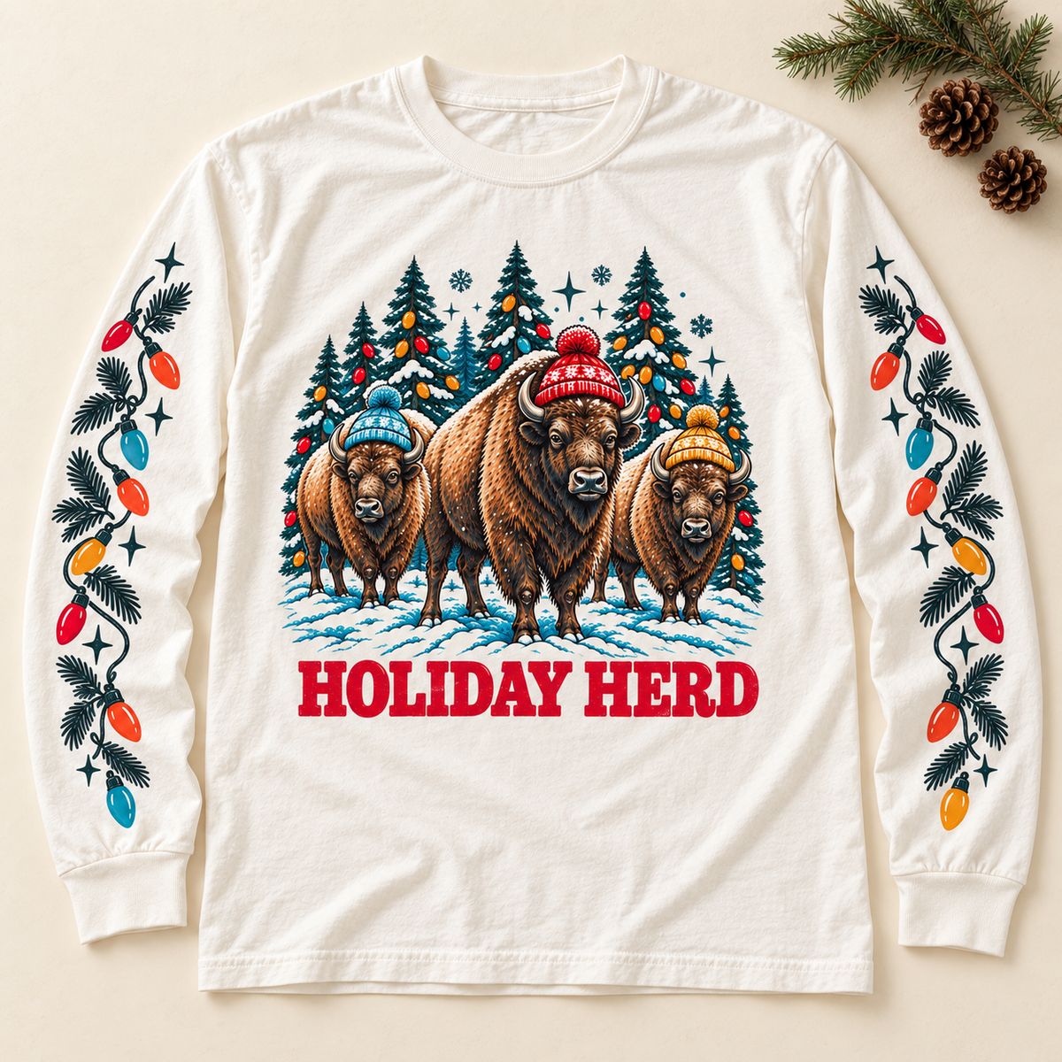 Holiday Herd Long Sleeve Tee — Festive Buffalo Christmas Shirt