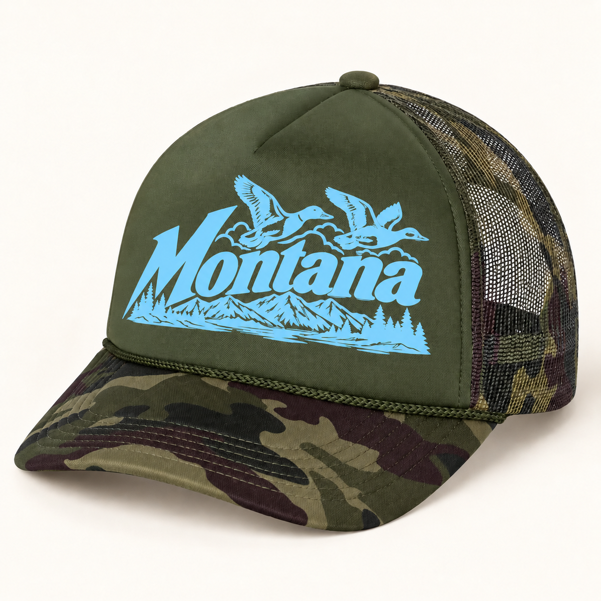 Montana Ducks & Mountains Foam Trucker Hat — Mesh Back Outdoor Cap