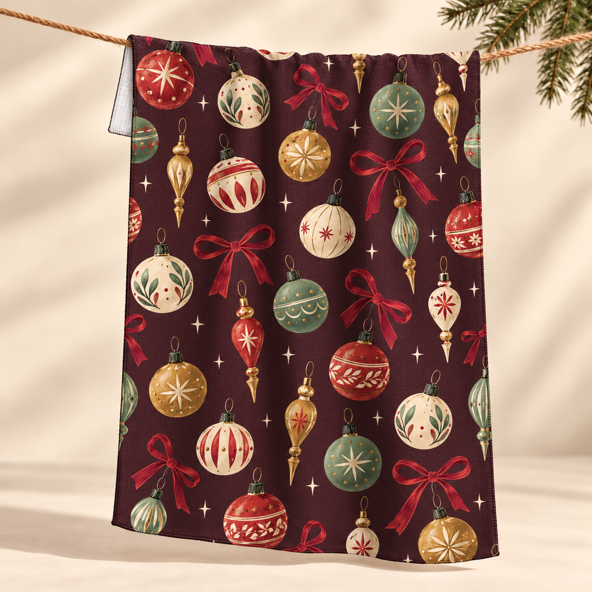 Vintage Christmas Ornaments Microfiber Tea Towel