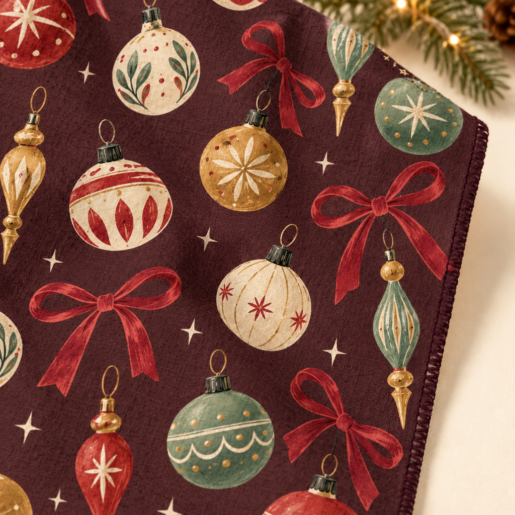 Vintage Christmas Ornaments Microfiber Tea Towel
