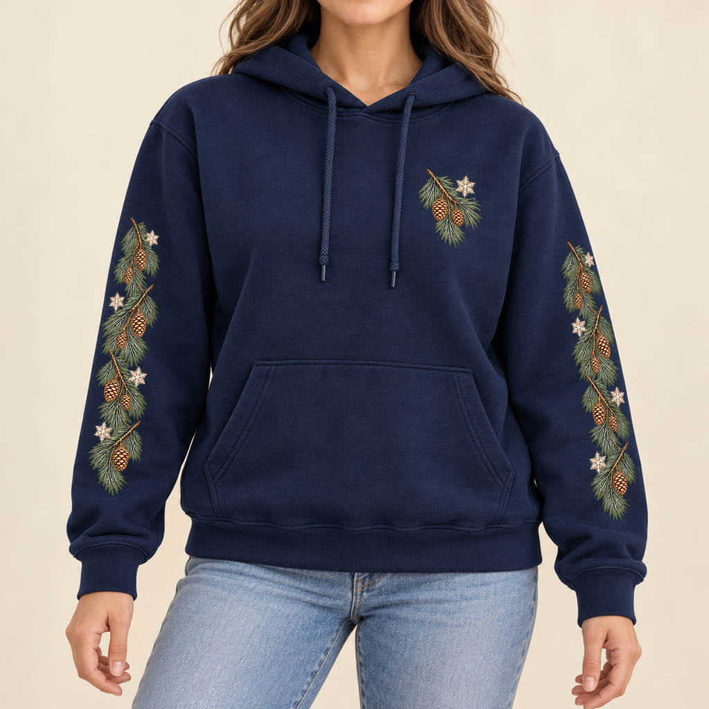 Navy Winter Pine Sleeve Artwork Hoodie