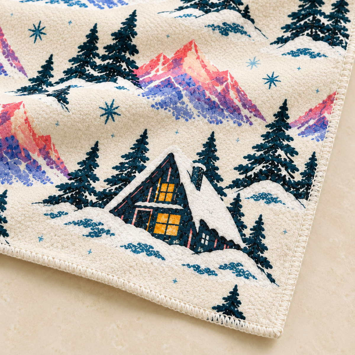 Cozy Winter Mountain Cabin Microfiber Tea Towel