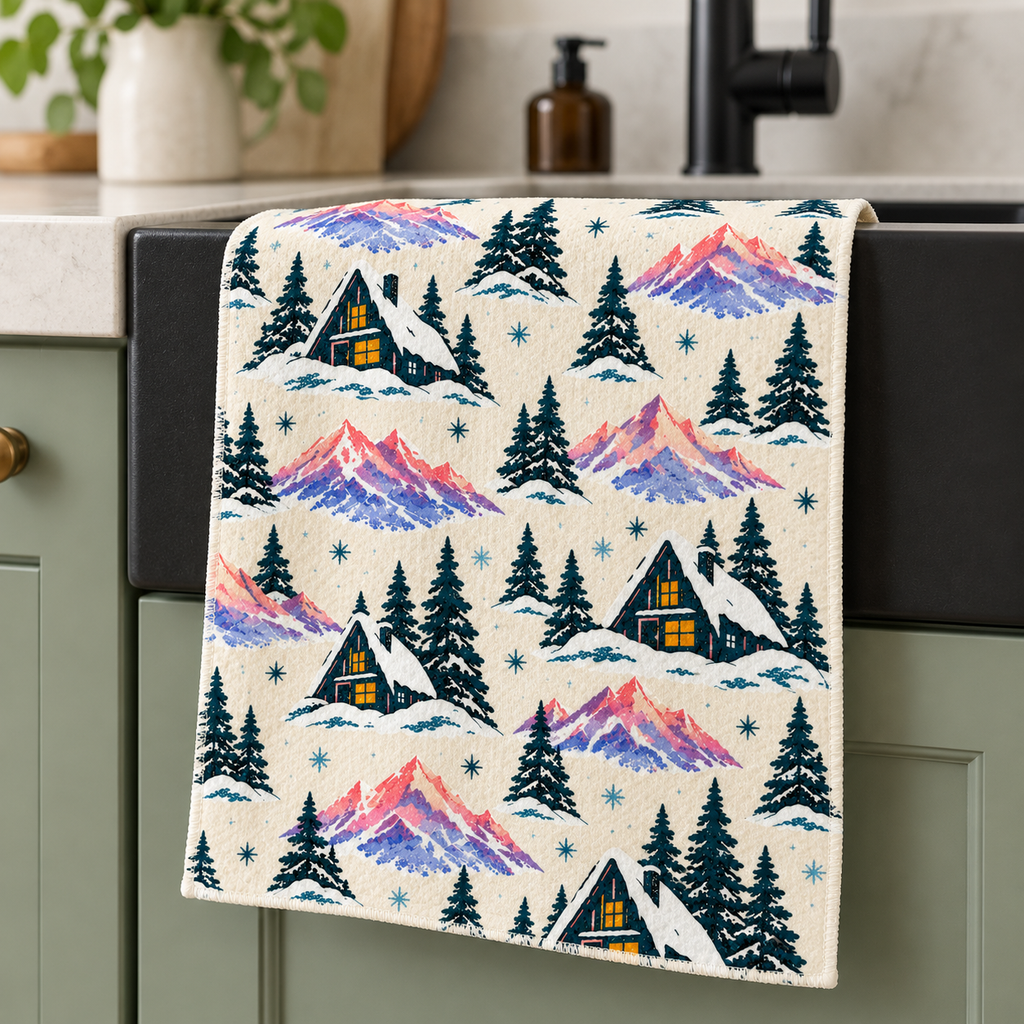 Cozy Winter Mountain Cabin Microfiber Tea Towel