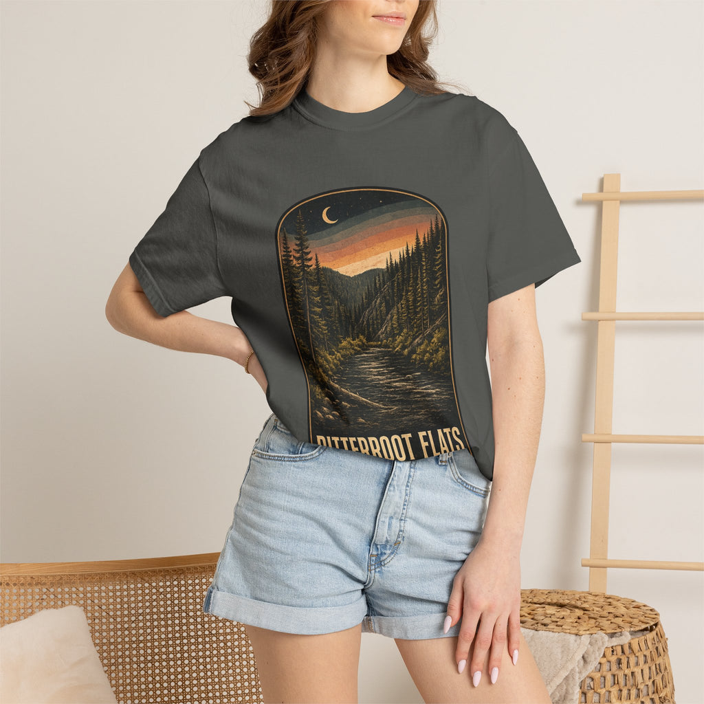Bitterroot Flats Scenic Tee — Moonlit Mountain River Landscape T-Shirt