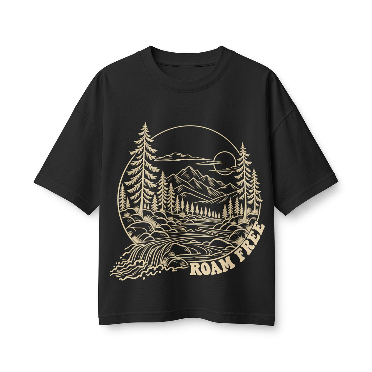 Roam Free Mountain Landscape T-Shirt | Scenic River Pines Tee