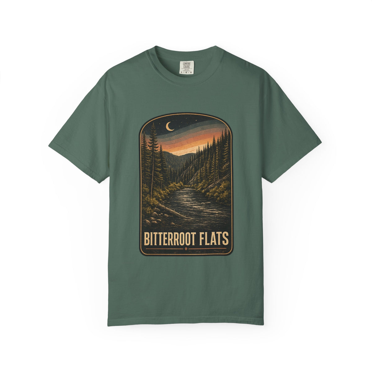 Bitterroot Flats Scenic Tee — Moonlit Mountain River Landscape T-Shirt