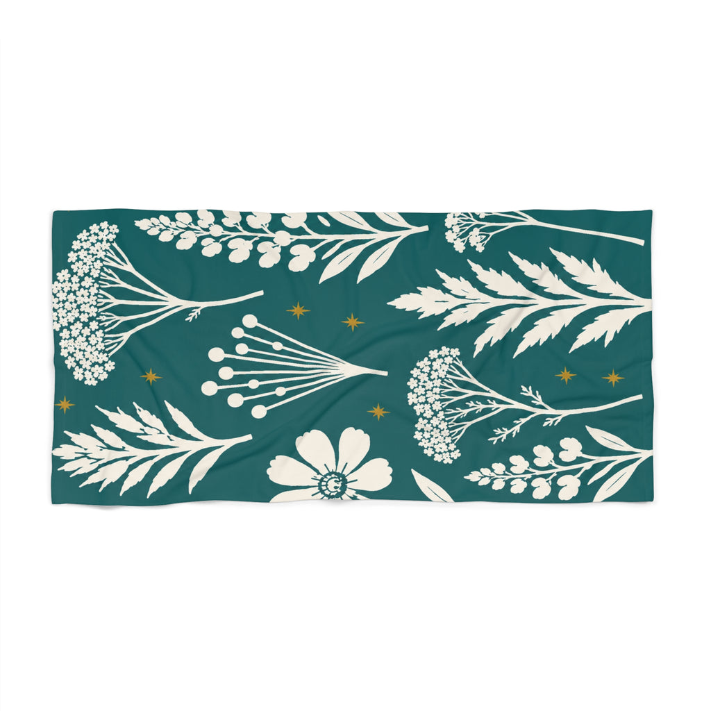 Teal Floral Beach Towel — White Botanical Print on Deep Teal