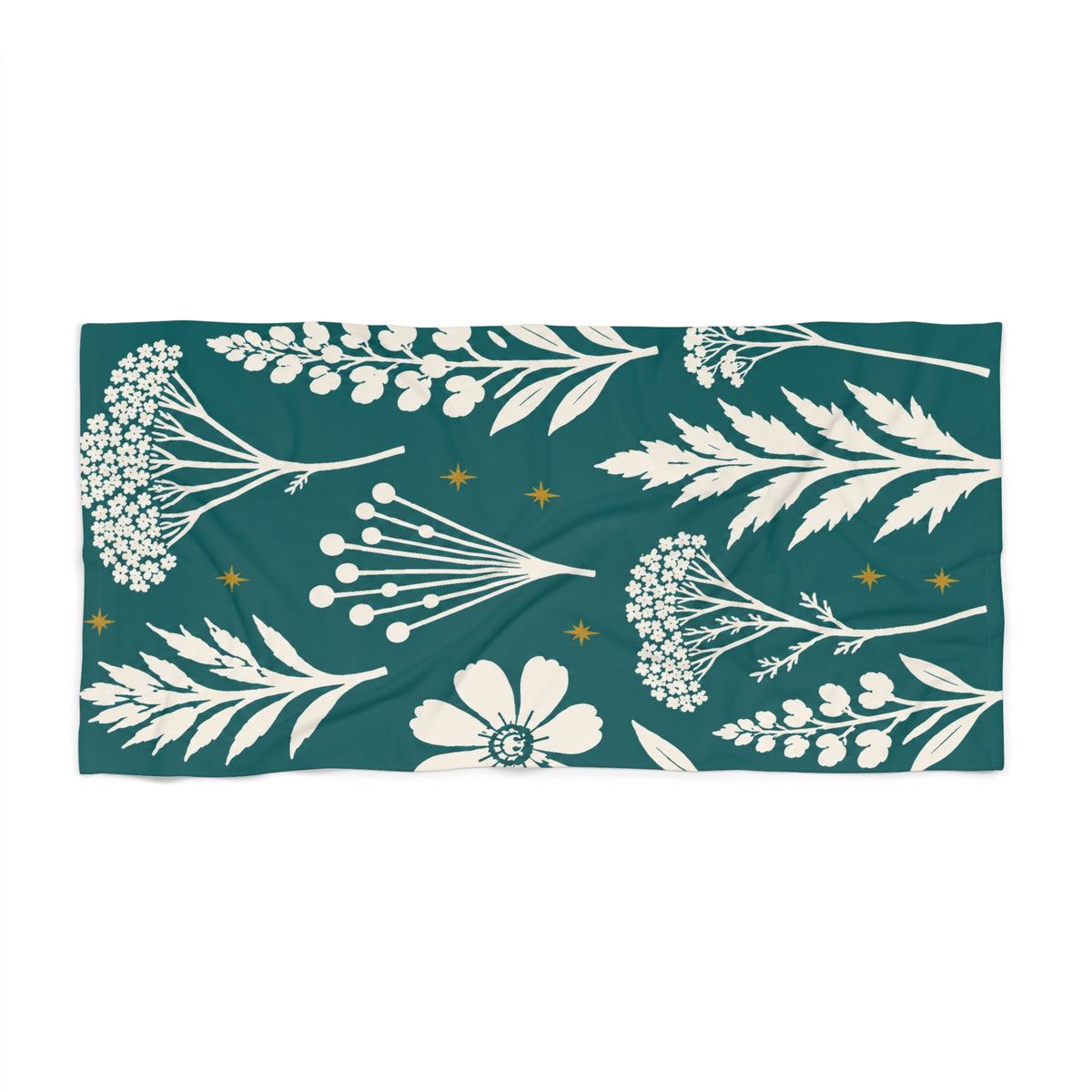 Teal Floral Beach Towel — White Botanical Print on Deep Teal