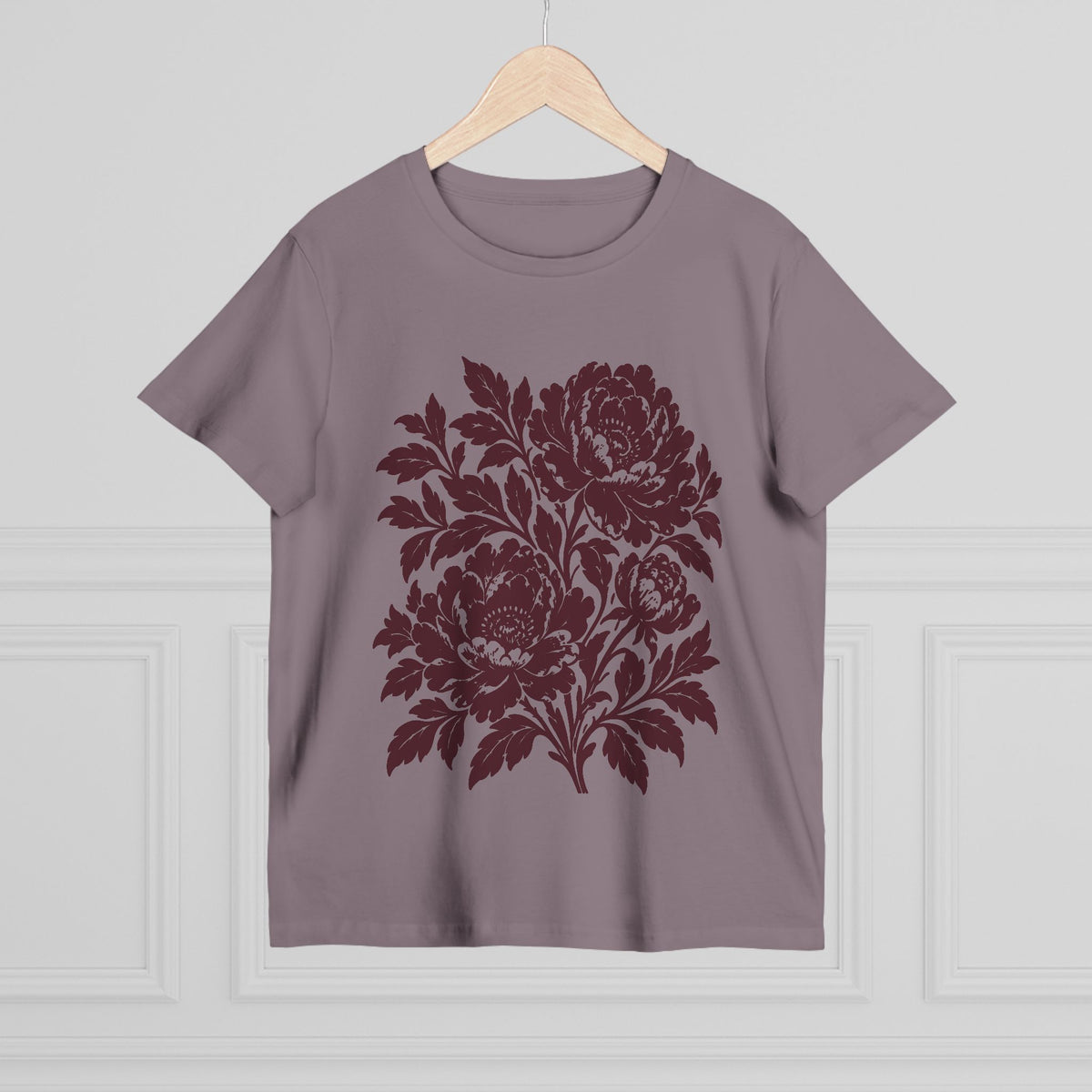 Maroon Peony Linocut Women’s Tee, Mauve