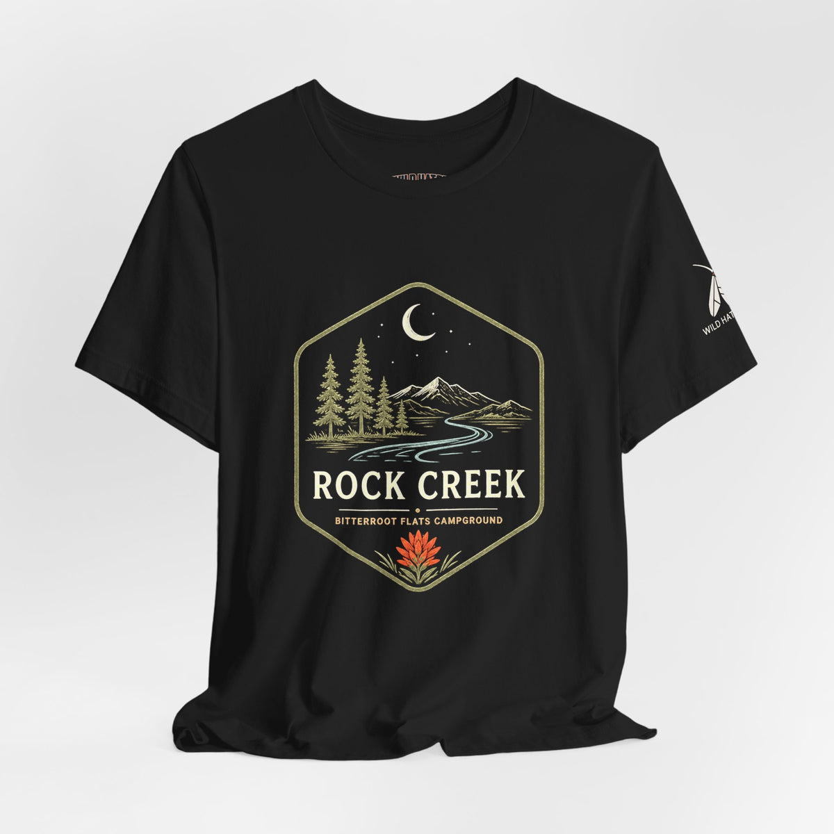 Rock Creek Camping T-Shirt — Mountain River Night Badge Tee