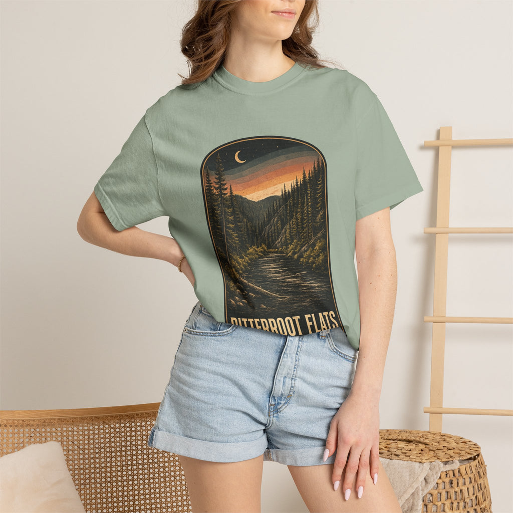 Bitterroot Flats Scenic Tee — Moonlit Mountain River Landscape T-Shirt