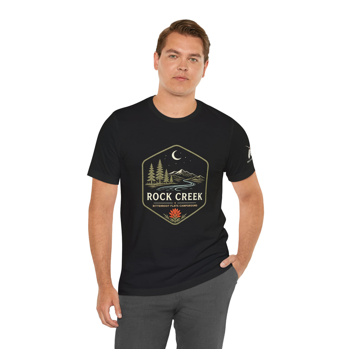 Rock Creek Camping T-Shirt — Mountain River Night Badge Tee