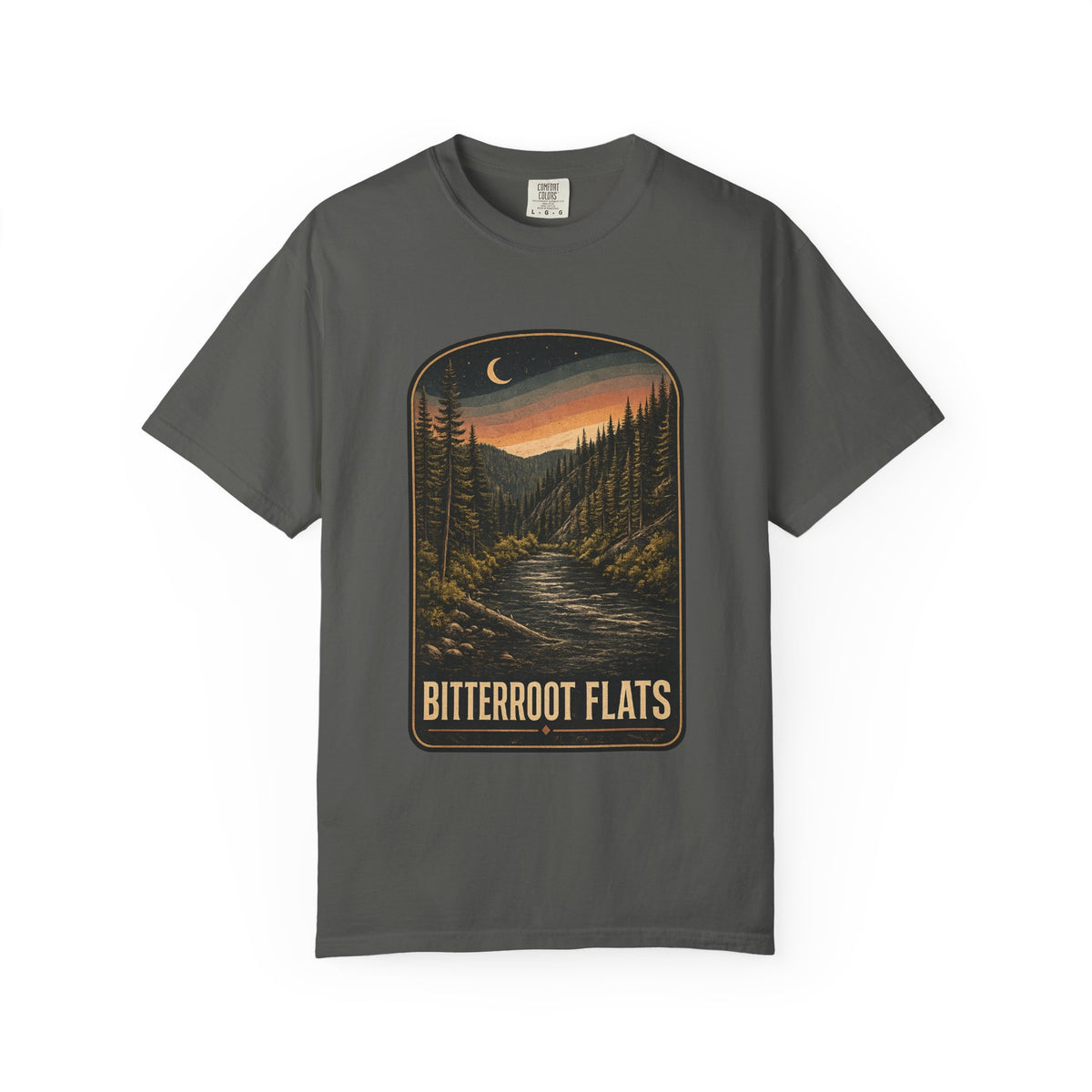 Bitterroot Flats Scenic Tee — Moonlit Mountain River Landscape T-Shirt