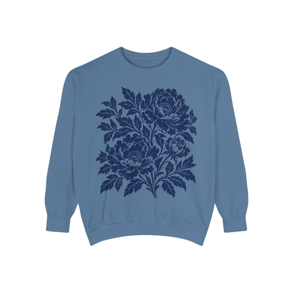 Floral Vintage Peony Sweatshirt, Green, Blue and Crimson