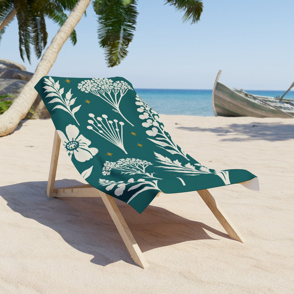 Teal Floral Beach Towel — White Botanical Print on Deep Teal