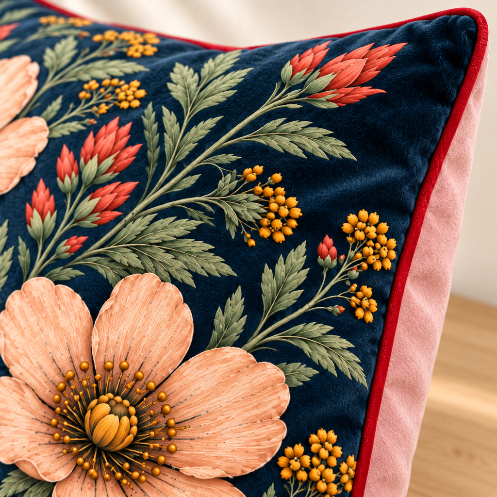 Deep Navy Meadow Velvet Pillow