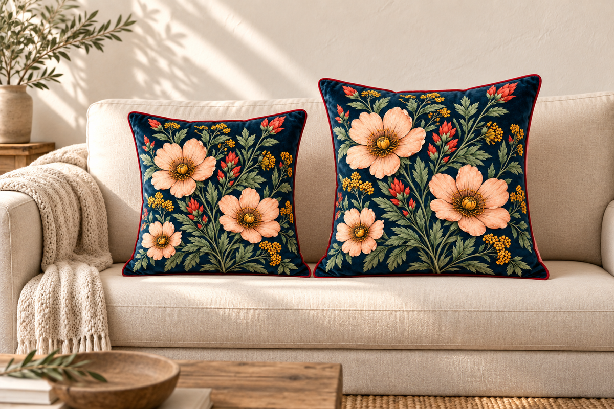 Deep Navy Meadow Velvet Pillow