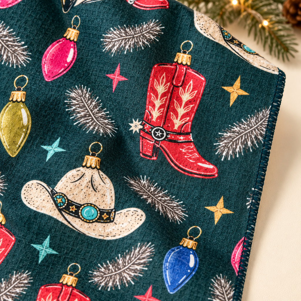 Close-up of red cowboy boots, western hats and ornaments on the Cowboy Christmas tea towel