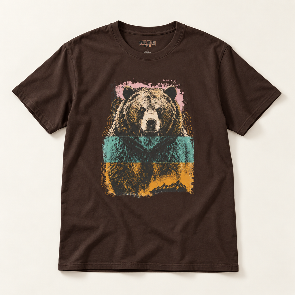 Bear Portrait T‑Shirt — Retro Colorblock Grizzly Tee