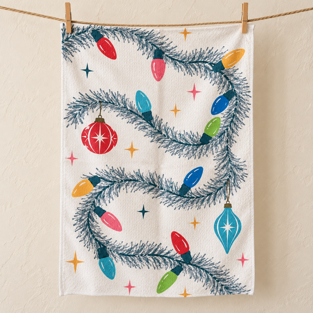 Retro Christmas Lights Tea Towel — Vintage Holiday Ornament Microfiber