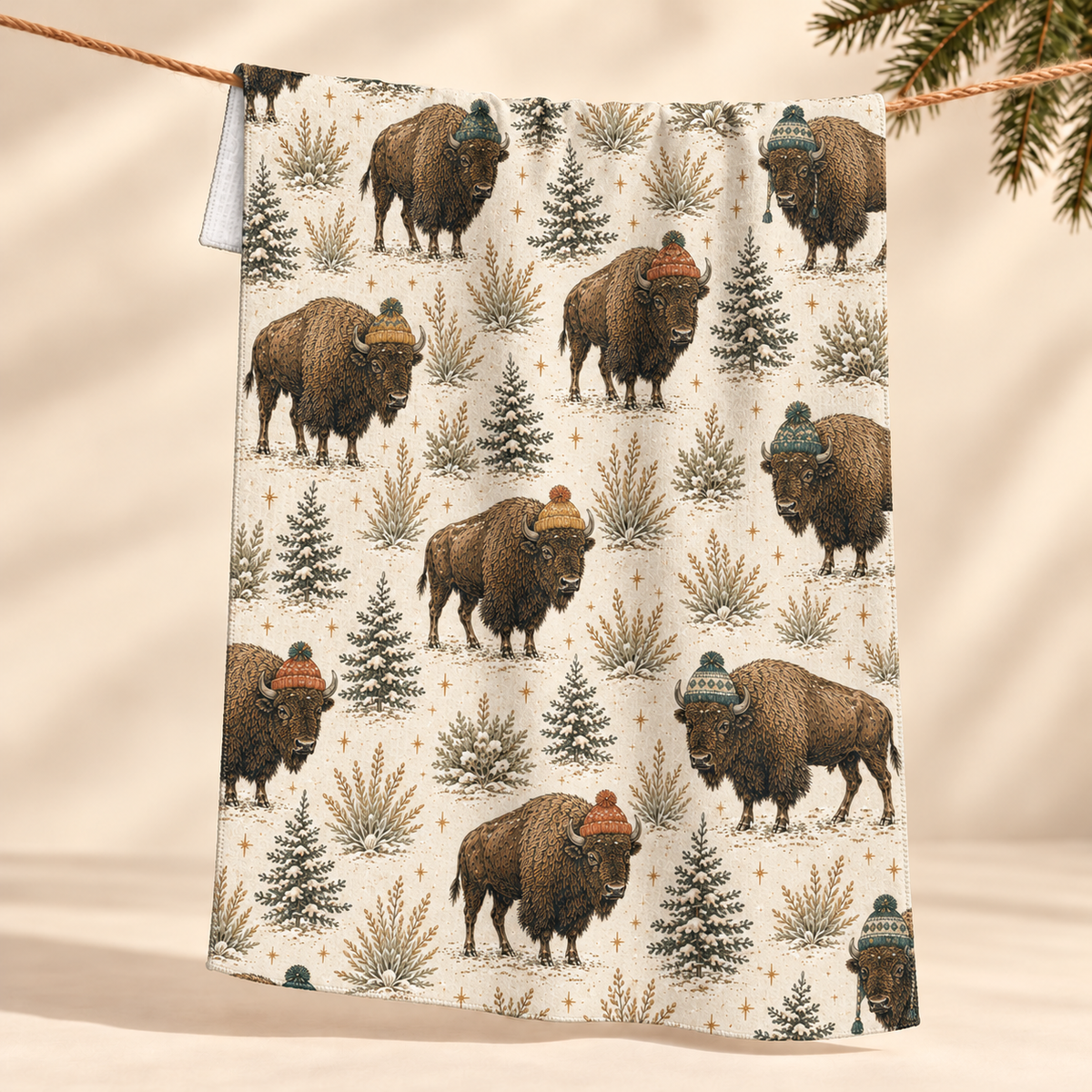 Bison Wild Christmas tea towel with winter-hat bison and evergreen trees hanging from a line