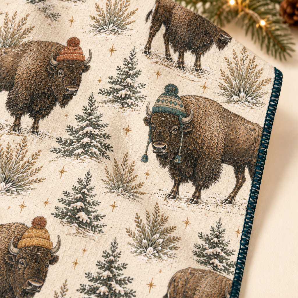 Close-up of bison in winter hats and evergreen artwork on the Bison Wild Christmas tea towel