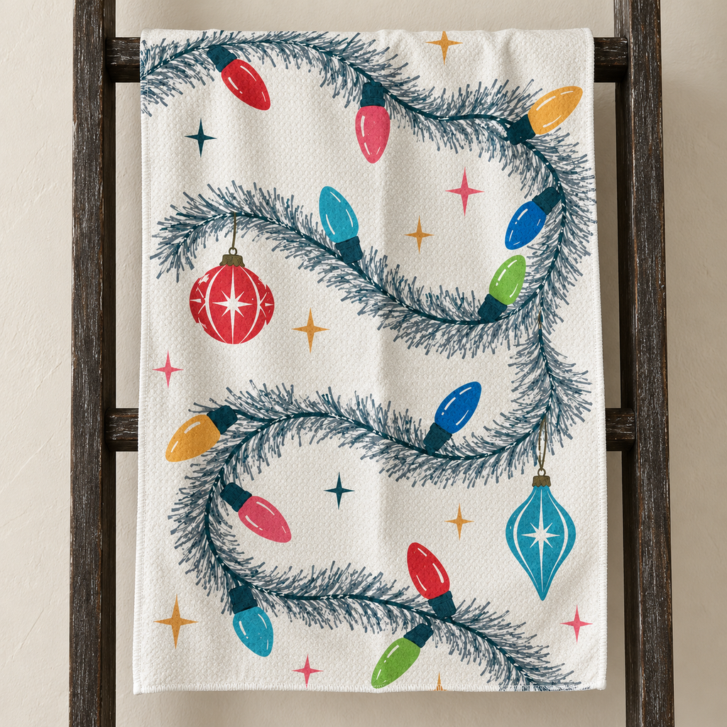 Retro Christmas Lights Tea Towel — Vintage Holiday Ornament Microfiber