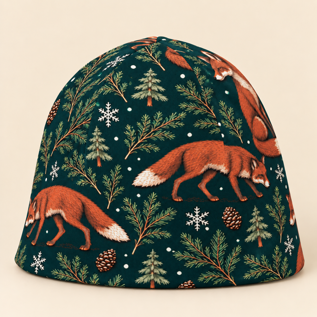 Woodland fox beanie on a cream studio background
