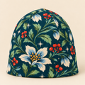 Winter botanical beanie on a cream studio background