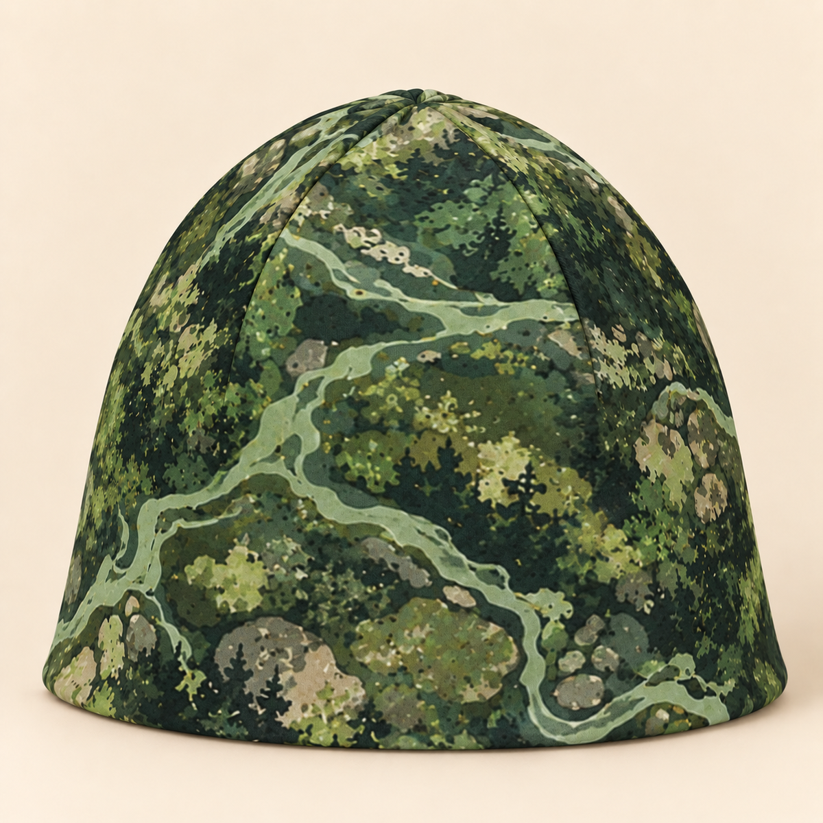 Riverwood Camo Beanie with rounded silhouette on a cream studio background