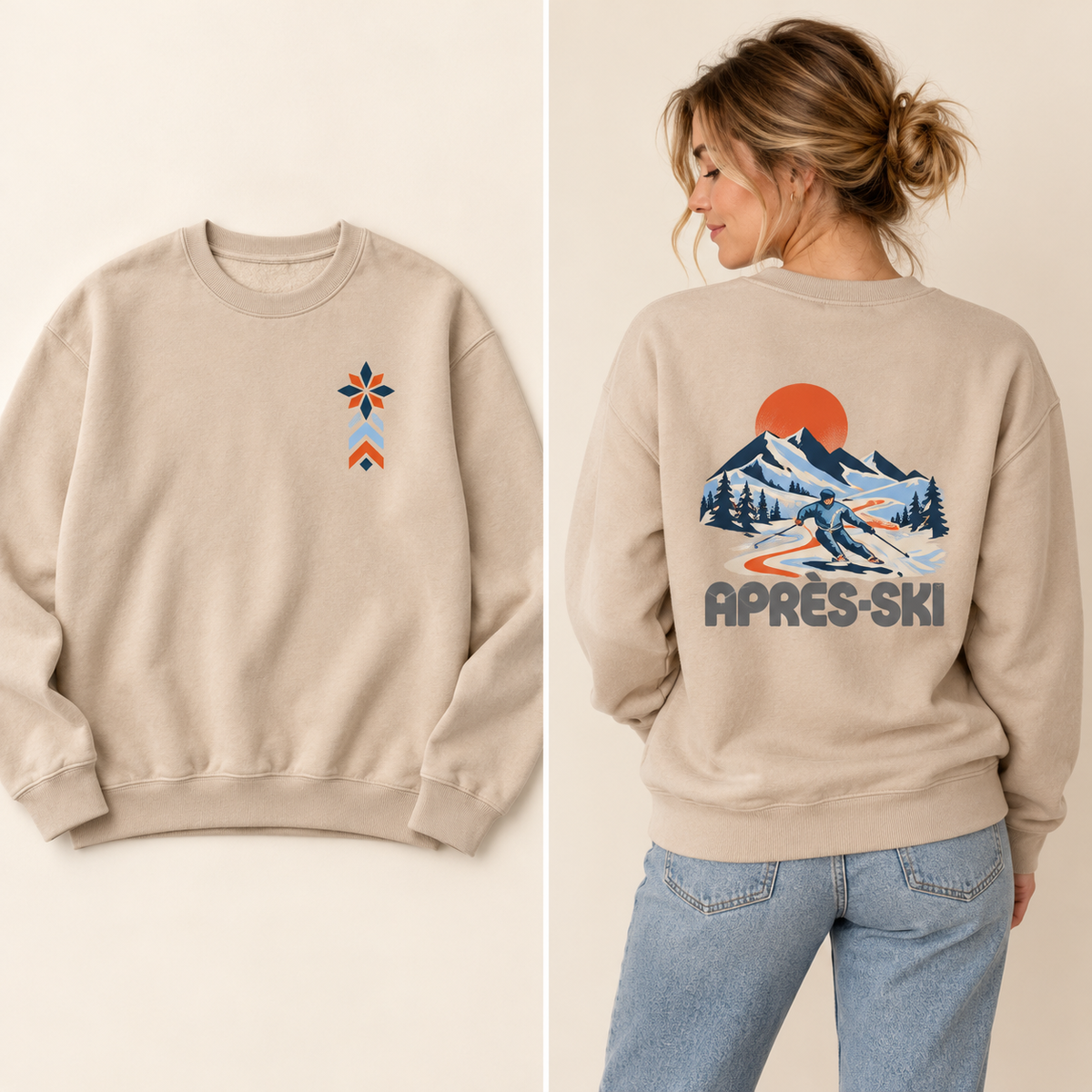 Sand Après-Ski crewneck — front flat lay and back on a model with skier and mountain print