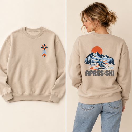 Sand Après-Ski crewneck — front flat lay and back on a model with skier and mountain print
