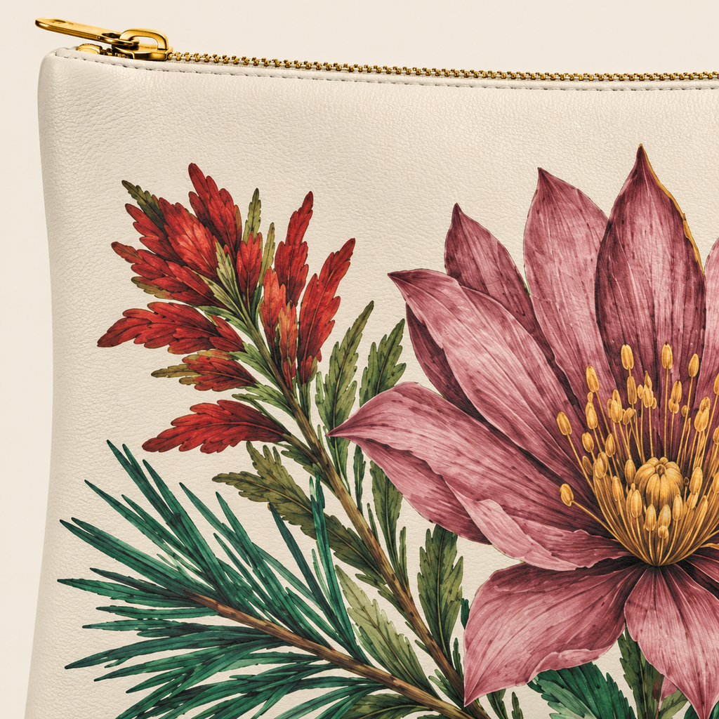 Cream leather and botanical artwork close-up with gold zipper
