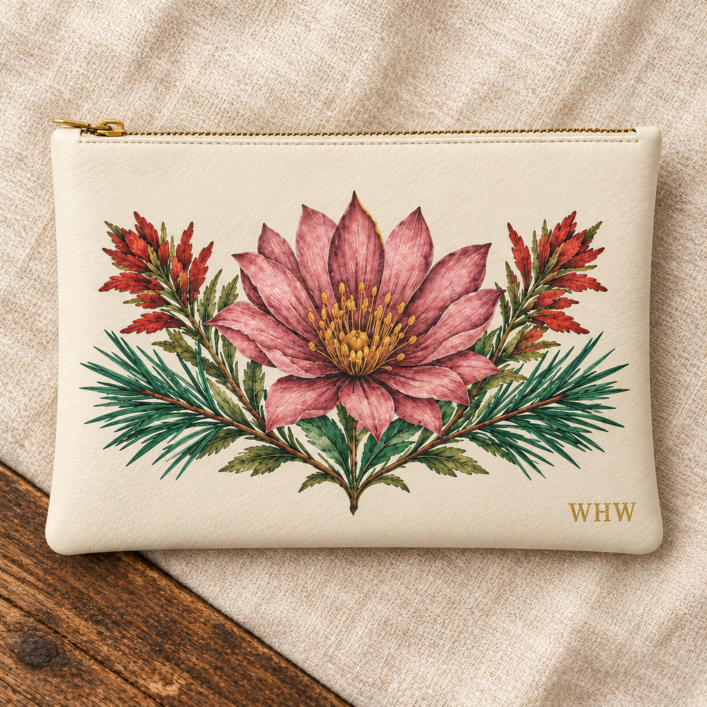 Cream Bitterroot High Meadow leather clutch flat lay on ivory linen