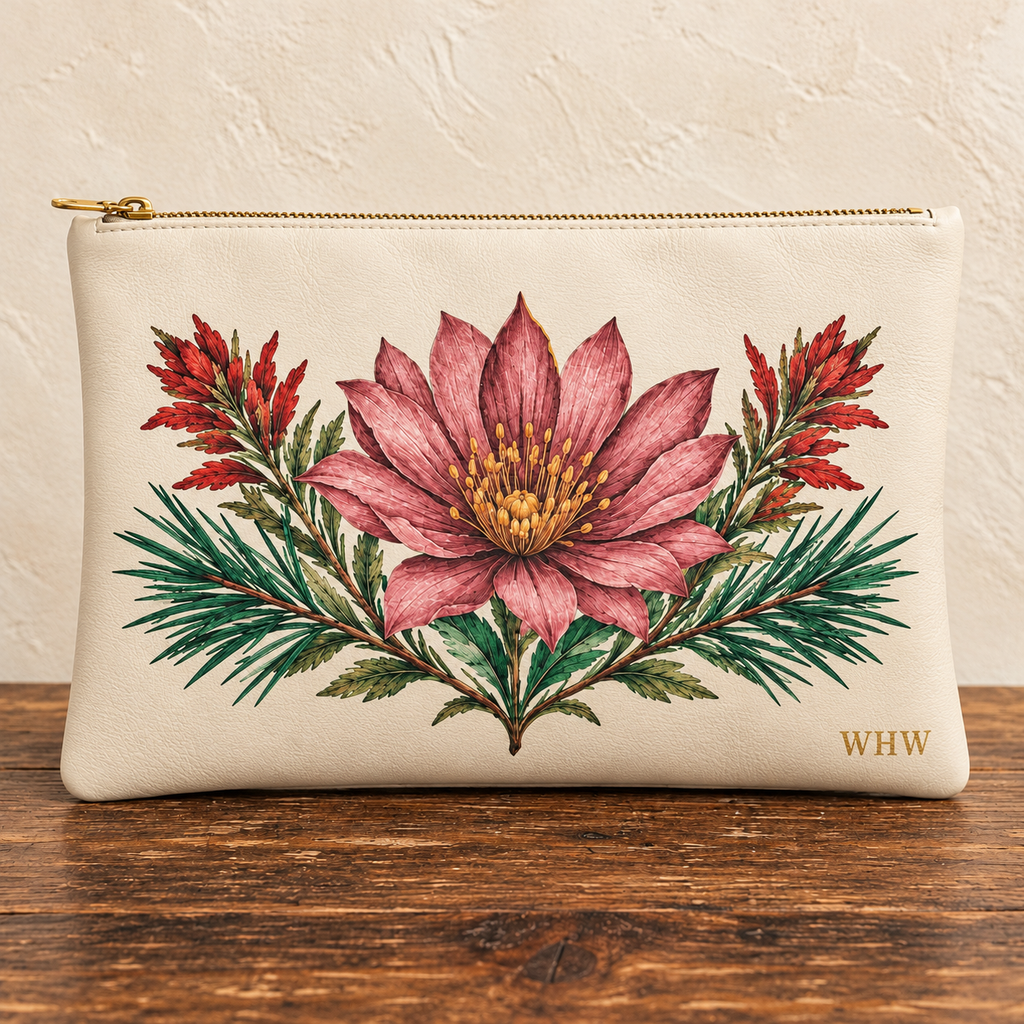 Cream Bitterroot High Meadow leather clutch studio hero on rustic wood