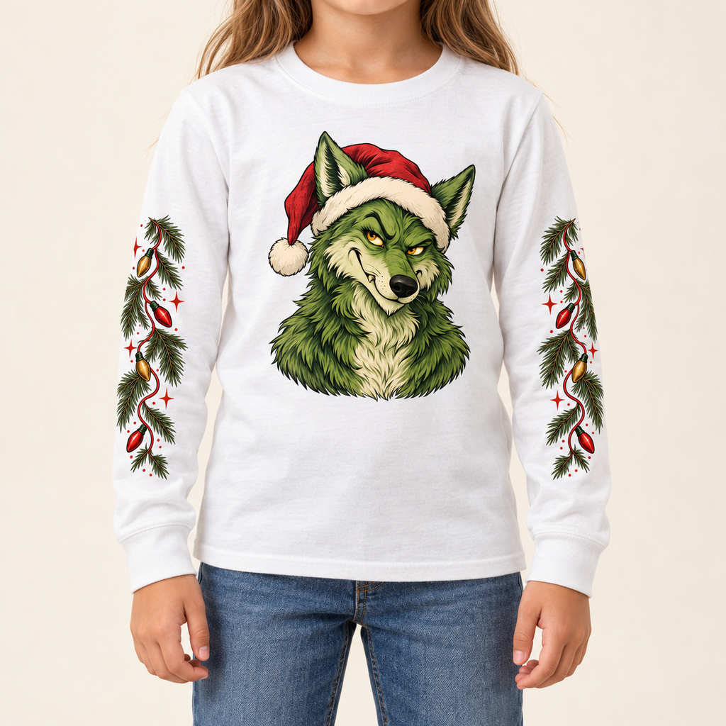Child wearing Feeling Grinchy white youth long-sleeve shirt