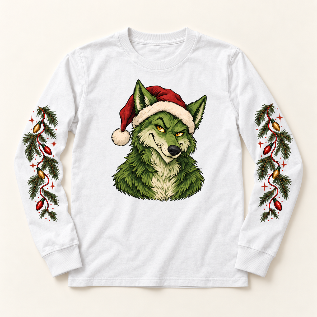 Feeling Grinchy white youth shirt flat lay with wolf and holiday sleeve prints