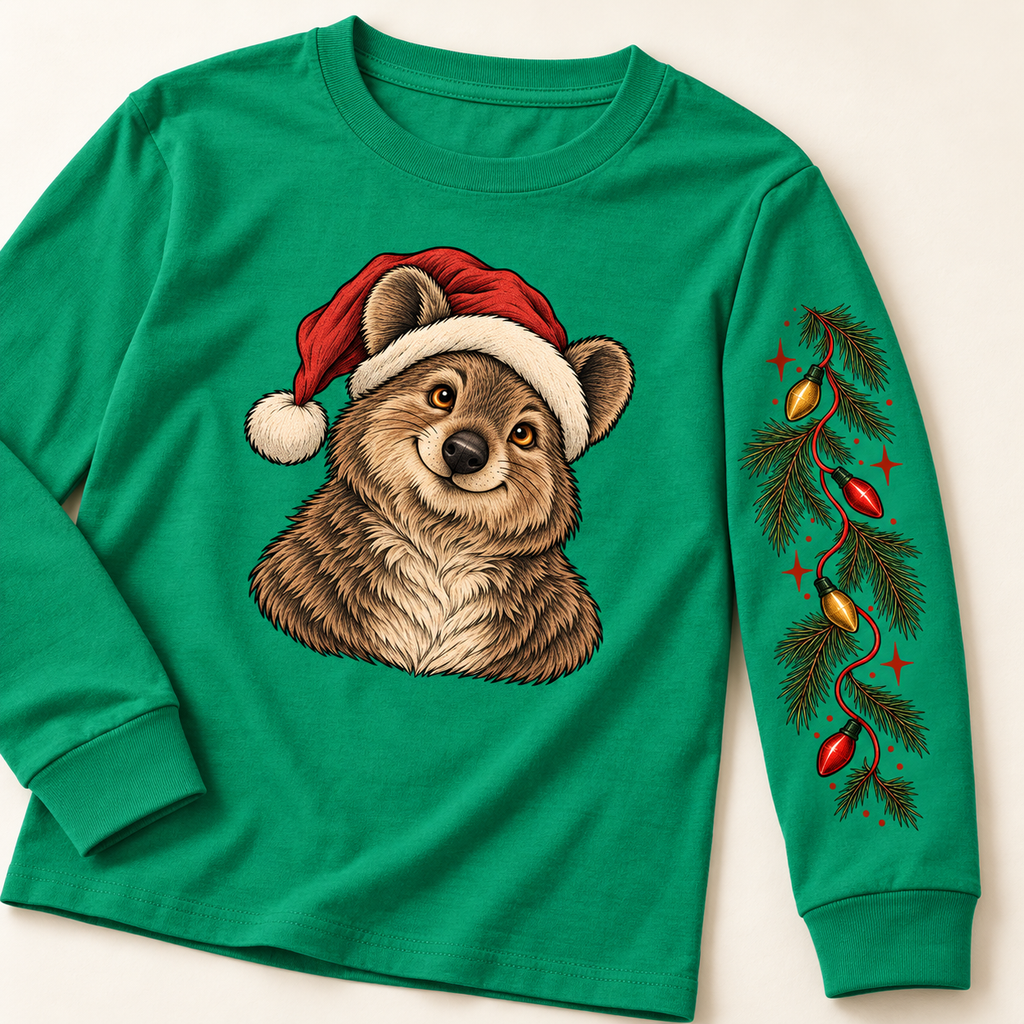Feeling Nice bear artwork and Christmas light sleeve close-up