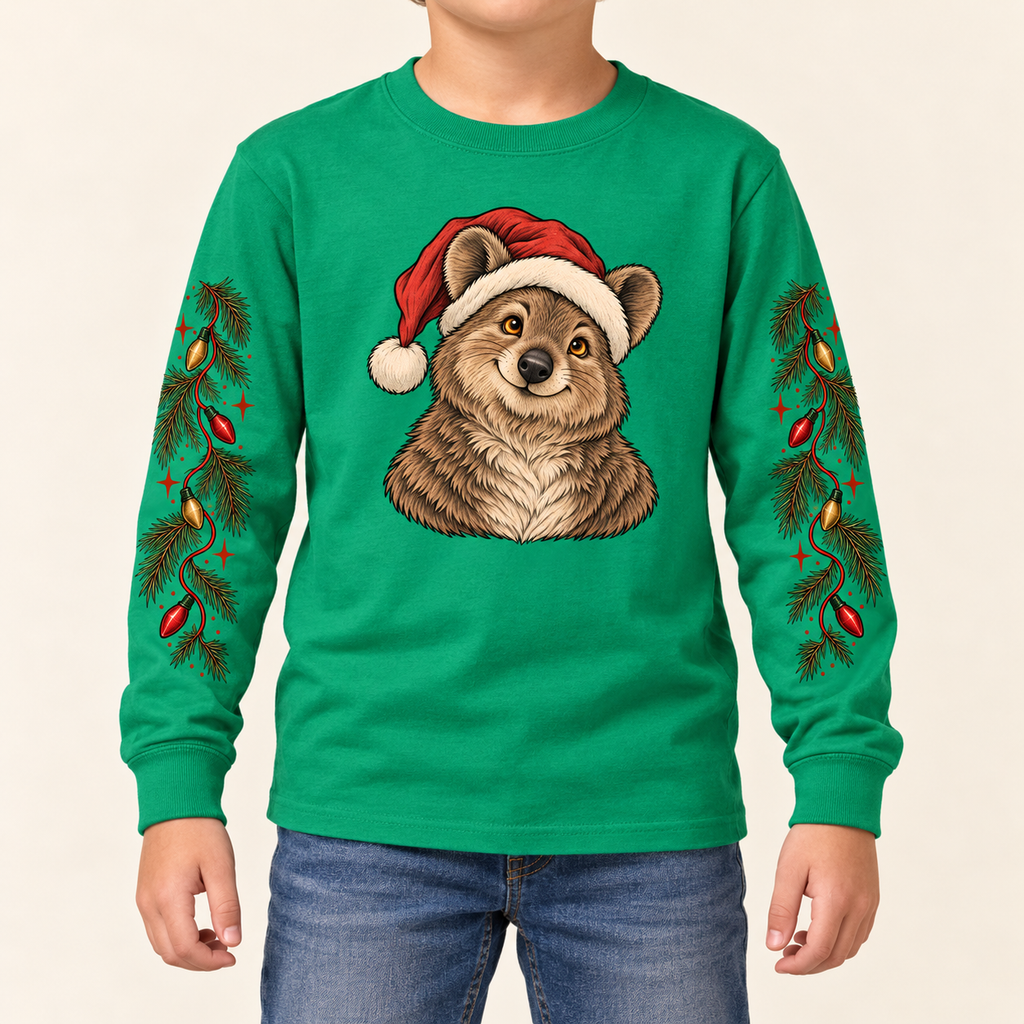 Child wearing Feeling Nice Kelly green holiday shirt
